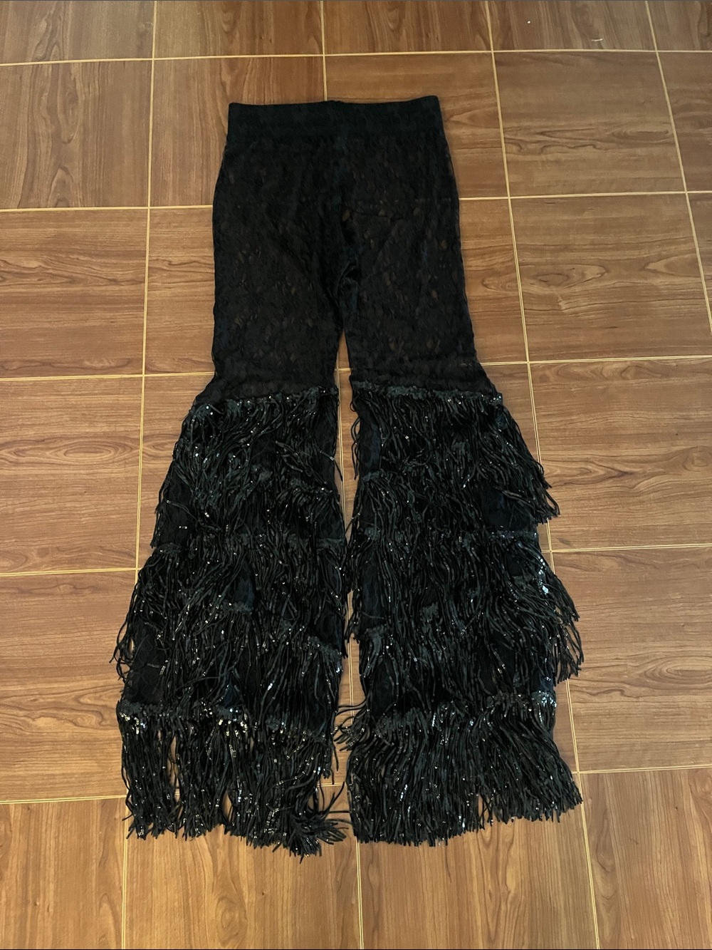 Little Black Diamond Black Lace Flare Pants with Sequin Fringe Pants - Picture 6 of 9
